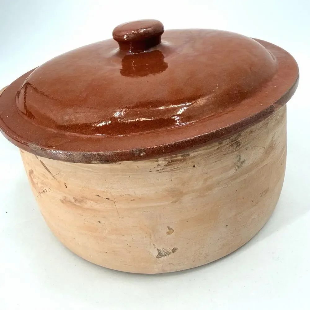 Vintage French Clay Pottery Rustic Terracotta Cooking Pot with Lid